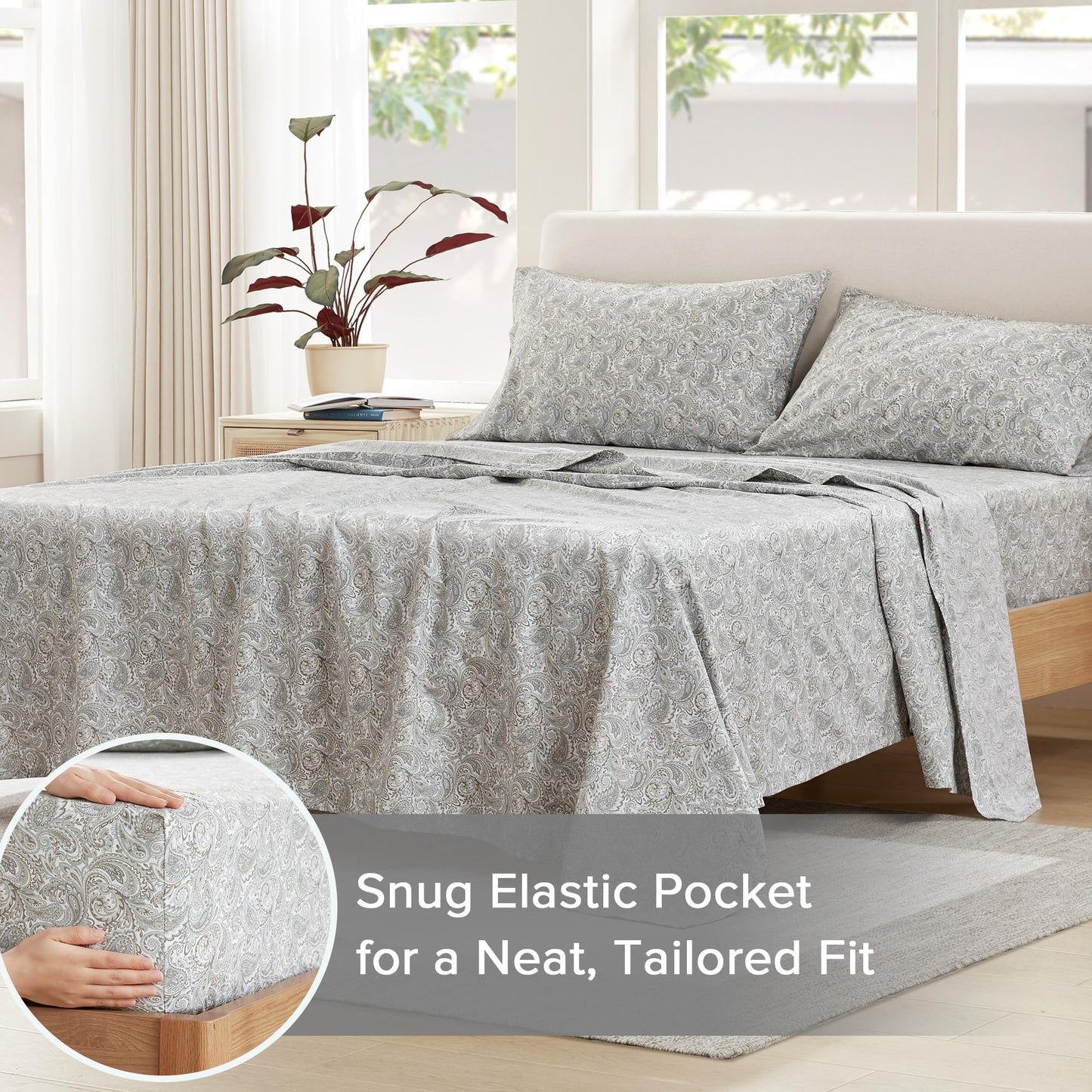 Comfort Spaces 100% Cotton Sheet Set Breathable, Lightweight, Soft with 14" Elastic Pocket Fits up to 16" Mattress, All Season Cozy Bedding, Matching Pillow Case, Cal King Paisley Multi 4 Piece