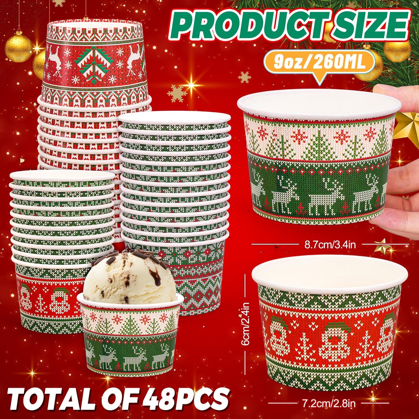 Whaline Christmas Snack Cup Xmas Red Green Ugly Sweater Disposable Paper Cups 9 Oz Dessert Ice Cream Paper Bowls for Winter Holiday Treat Candy Cake Party Favor Supplies, 48 Pcs