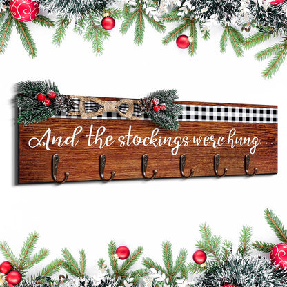 Christmas Stocking Holder with 6 Hangers The Stockings were Hung Wooden Sign Xmas Wall Hanging Sign Wall Mount Hook Holder Decorative Wood Stocking Hanger for Mantle(Retro Style)