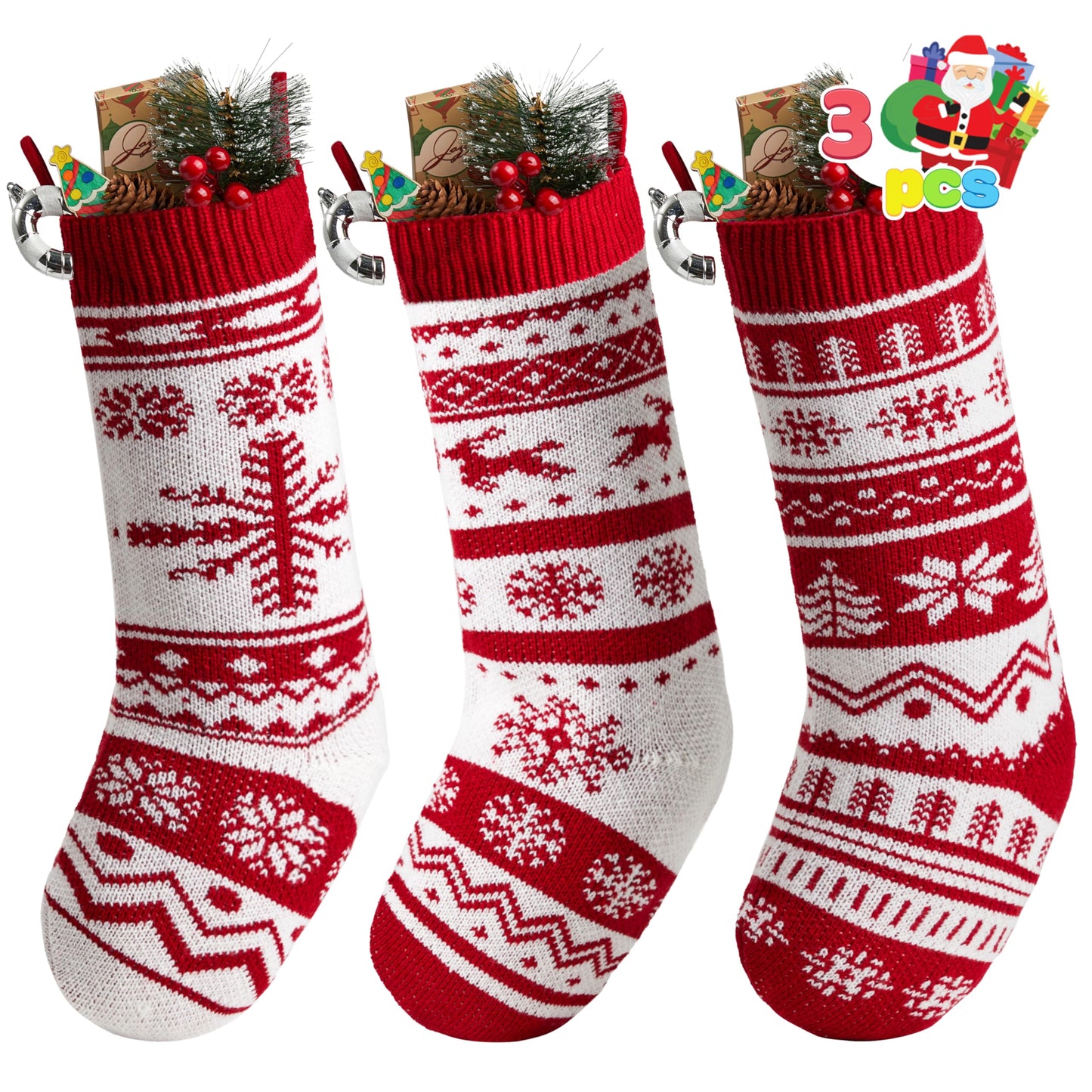 JOYIN 3 Pack 18" Knit Christmas Stockings, Large Rustic Yarn Xmas Stockings for Family Holiday Decorations