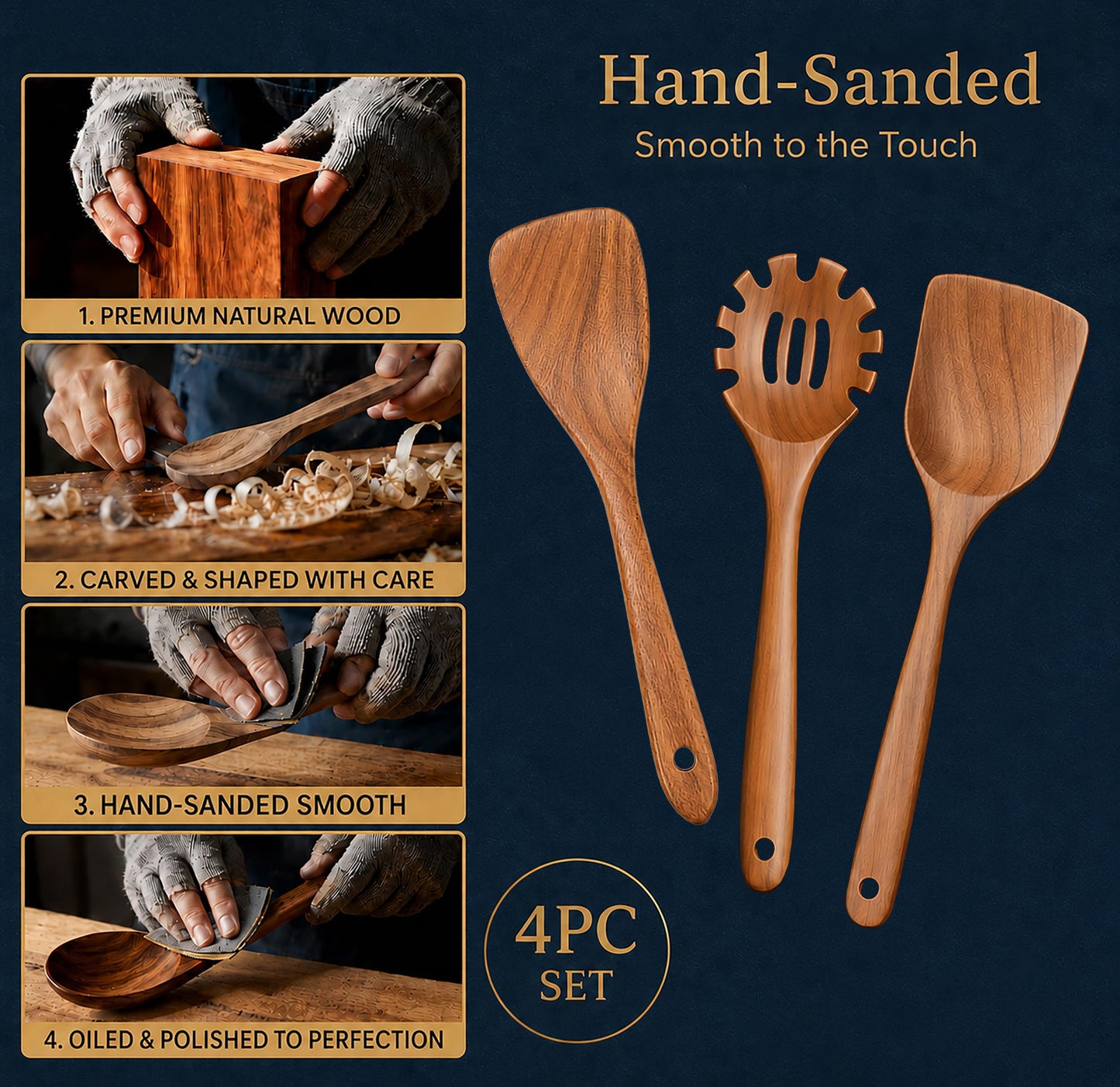 Extra-Large 4-Piece Teak Wooden Utensil Set – Non-Stick Wooden Spatula for Cooking, Skimmer Spoon & Spaghetti Spoon – Non Toxic Cooking Utensils
