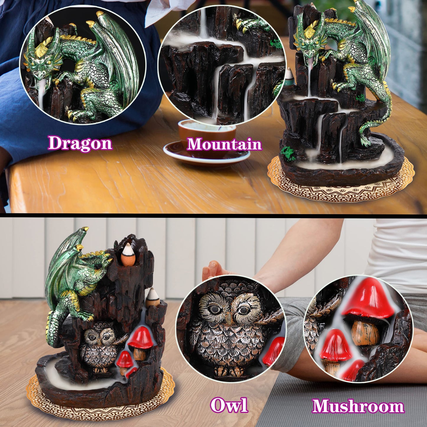 Zvaiuk Dragon Backflow 2 Sided Mountain Waterfall Incense Burner,Fountain Smoke Incense Holder with Backflow Incense Cones, Tweezers, Mat，Resin Aromatherapy Meditation (Green)