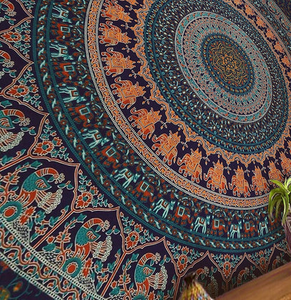 Bless International Indian-hippie-gypsy Bohemian-psychedelic Cotton-mandala Wall-hanging-tapestry-multi-color Large-mandala Hippie-tapestry (Golden Blue, King (88x104Inches)(225x265Cms))