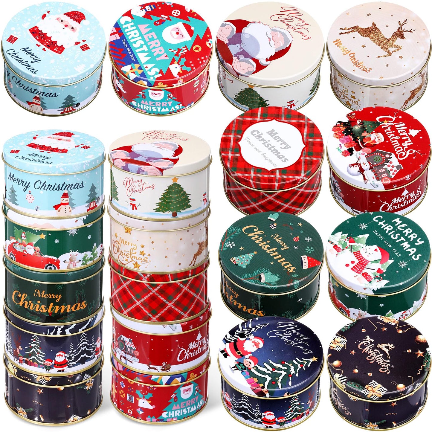 Acellegic 20 Pcs Christmas Cookie Tins with Lids for Gift Giving Small Xmas Tin Containers Round Iron Christmas Tins Empty Cookie Jar for Gift Giving Holiday Party Favors