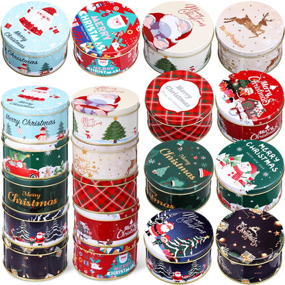 Acellegic 20 Pcs Christmas Cookie Tins with Lids for Gift Giving Small Xmas Tin Containers Round Iron Christmas Tins Empty Cookie Jar for Gift Giving Holiday Party Favors