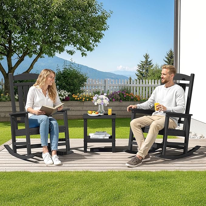 SERWALL HDPE Outdoor Rocking Chair Set of 4, Patio Rocking Chairs, All-Weather Porch Rockers for Adults, Black