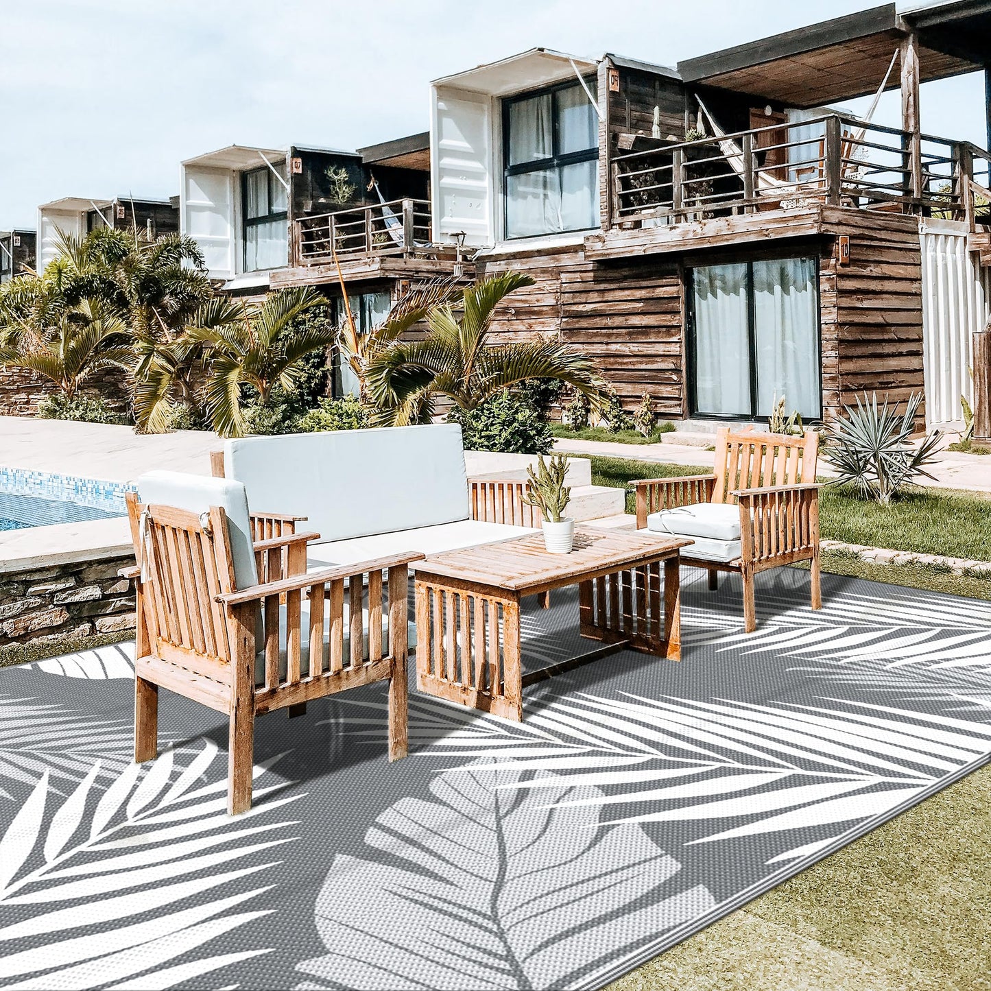 GENIMO Outdoor Rug 10' x 20' Waterproof for Patios Clearance, Reversible Outdoor Plastic Straw Camping Rug Carpet, Large Area Rugs Mats for RV, Camper, Deck, Balcony, Porch, Beach, Picnic, Grey&White