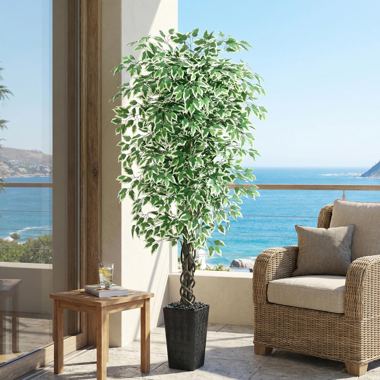 Artificial Ficus Tree Indoor 6FT Fake Plants Large Artificial Plant with Crack Black Tall Planter, Green Lifelike Lush Fake Ficus Tree for Home Living Room Bedroom Outdoor Balcony House Office Decor