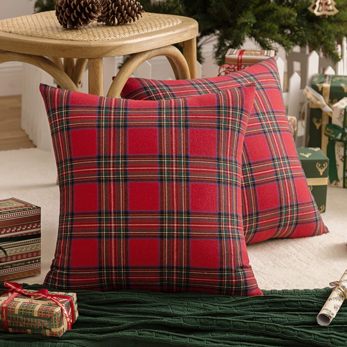 AQOTHES Pack of 2 Christmas Plaid Decorative Throw Pillow Covers Scottish Tartan Cushion Case for Farmhouse Home Holiday Decor Red and Green, 22 x 22 Inches