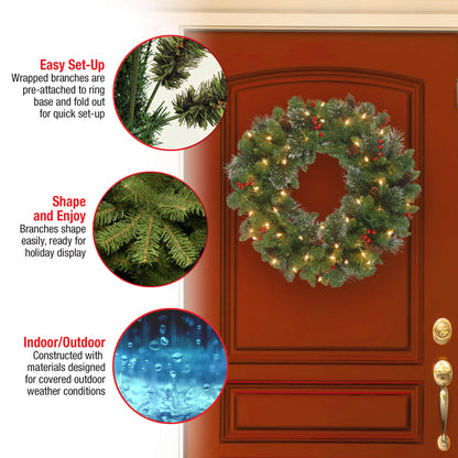 National Tree Company 24 in Pre-Lit Crestwood Spruce Artificial Christmas Wreath, Christmas Decoration with Glitter, Pinecones, Red Berries, 50 Clear Lights, 160 Tips, Green