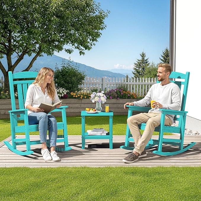 SERWALL HDPE Outdoor Rocking Chair Set of 2, Patio Rocking Chairs, All-Weather Porch Rockers for Adults, Aruba Blue