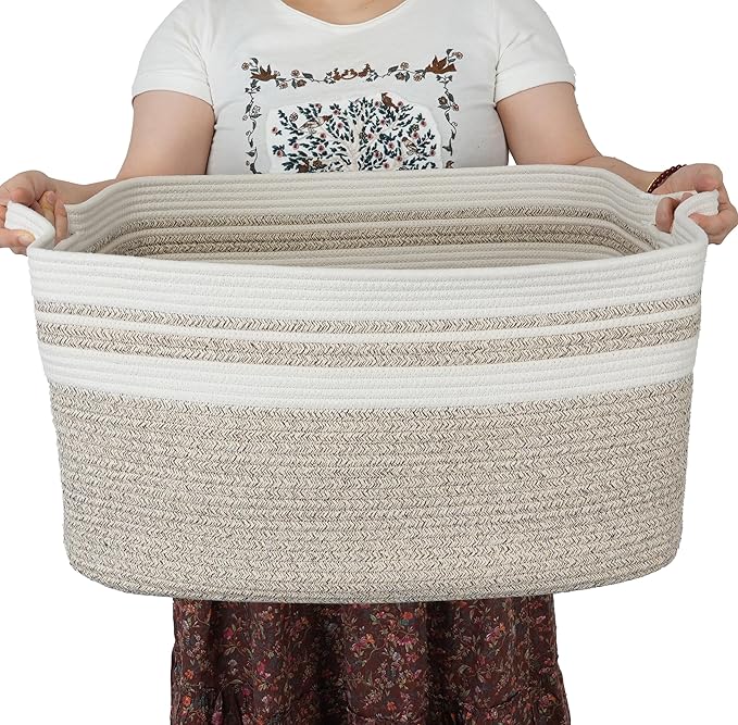 Large Rectangle Blankets Basket Living Room 22"x17"x12" Woven Cotton Rope