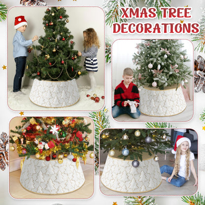 Faux Plush Christmas Tree Collar,Rustic Farmhouse Tree Skirt Ring with Xmas Tree Textured Pattern for Holiday Christmas Indoor Home Decor（White）