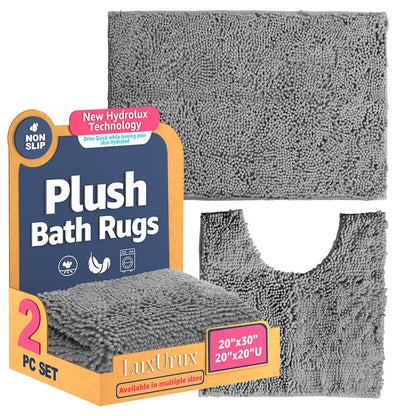 LuxUrux Bath Mat Set, Luxury Chenille (2-Piece) Soft Plush Anti-Slip Rug + Toilet Mat.1'' Microfiber Shaggy Carpet, Super Absorbent (Dark Grey, 80 x 50 cm + U Shaped 50 x 50 cm)