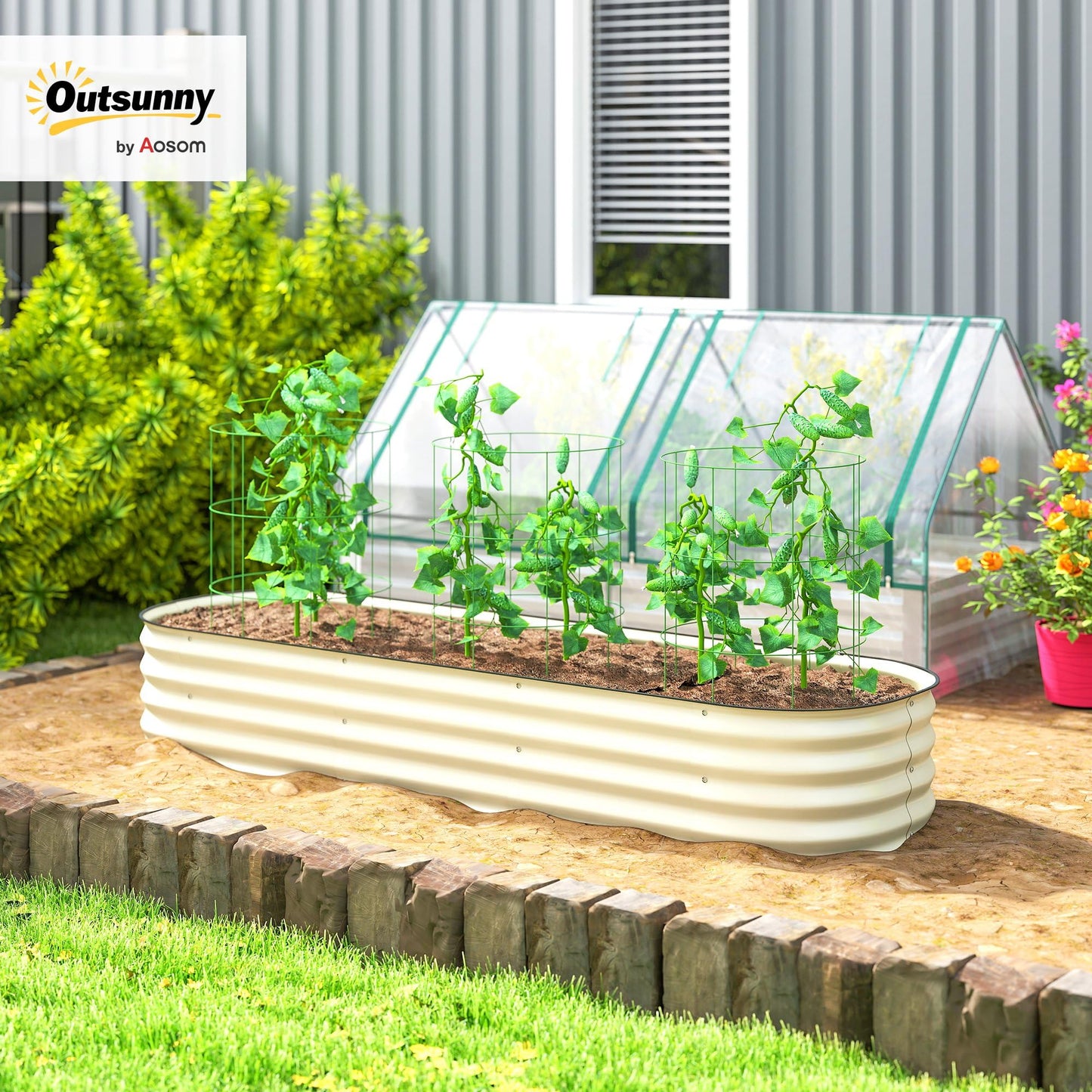 Outsunny 6.5' x 2' x 1' Galvanized Raised Garden Bed Kit, Outdoor Metal Elevated Planter Box with Safety Edging, Easy DIY Stock Tank for Growing Flowers, Herbs & Vegetables, Cream