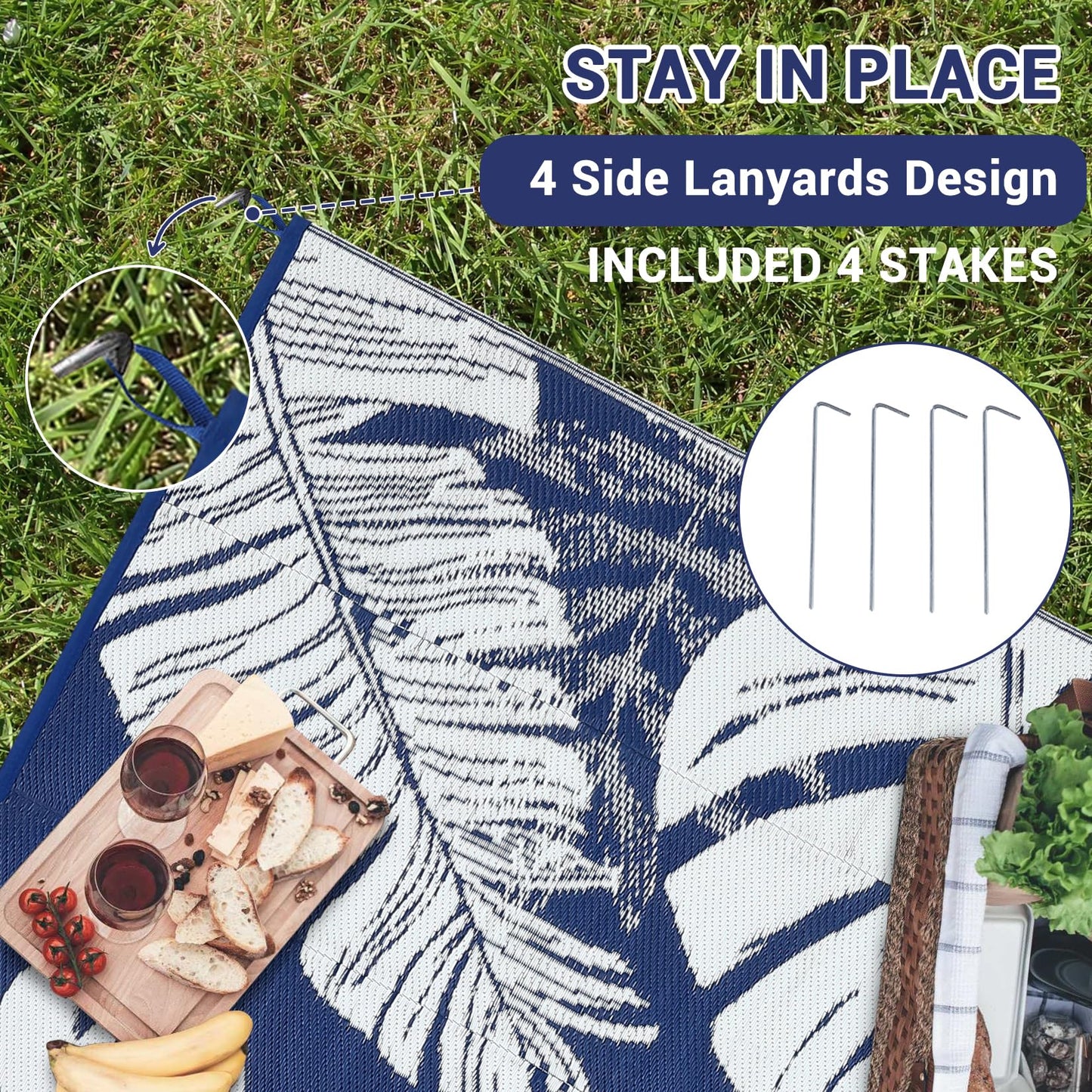 IDEALHOUSE Outdoor Rug 9x18 Ft, Waterproof Plastic Reversible Rug, Modern Leaf Pattern Plastic Camping Mat for Outdoors, RV, Patio, Backyard, Deck, Picnic, Beach, Traile(Dark Blue & White)
