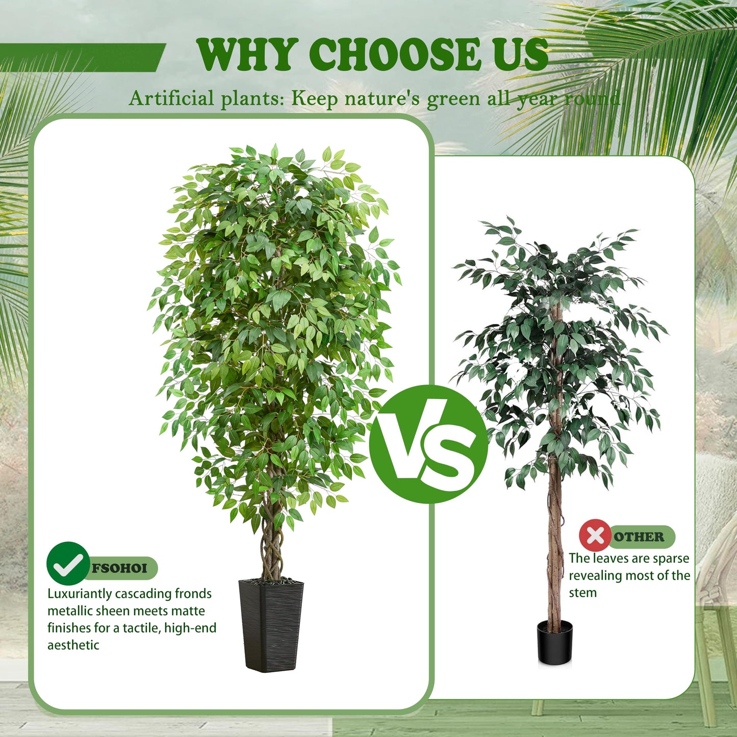 Artificial Ficus Tree 6FT Faux Plants Indoor Tall Fake Plants with Black Square Planter, Green Lifelike Lush Fake Ficus Tree for Home Living Room Bedroom Outdoor Balcony House Office Decor