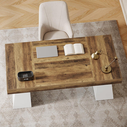 Tribesigns 55" Executive Desk, Wooden Office Desk with Double Pedestal, Modern Simple Computer Writing Table for Home Office, Brown & White