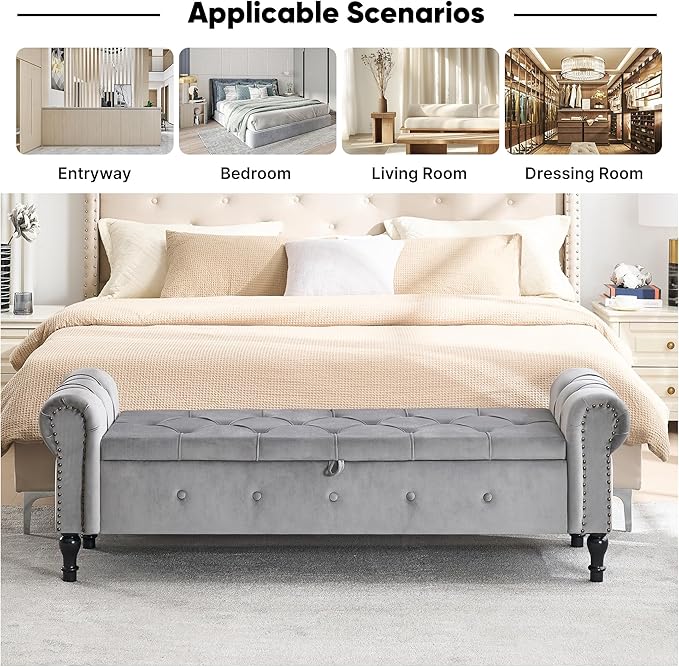 Storage Bench for Bedroom, Velvet 67" End of Bed Bench, King Size Benches