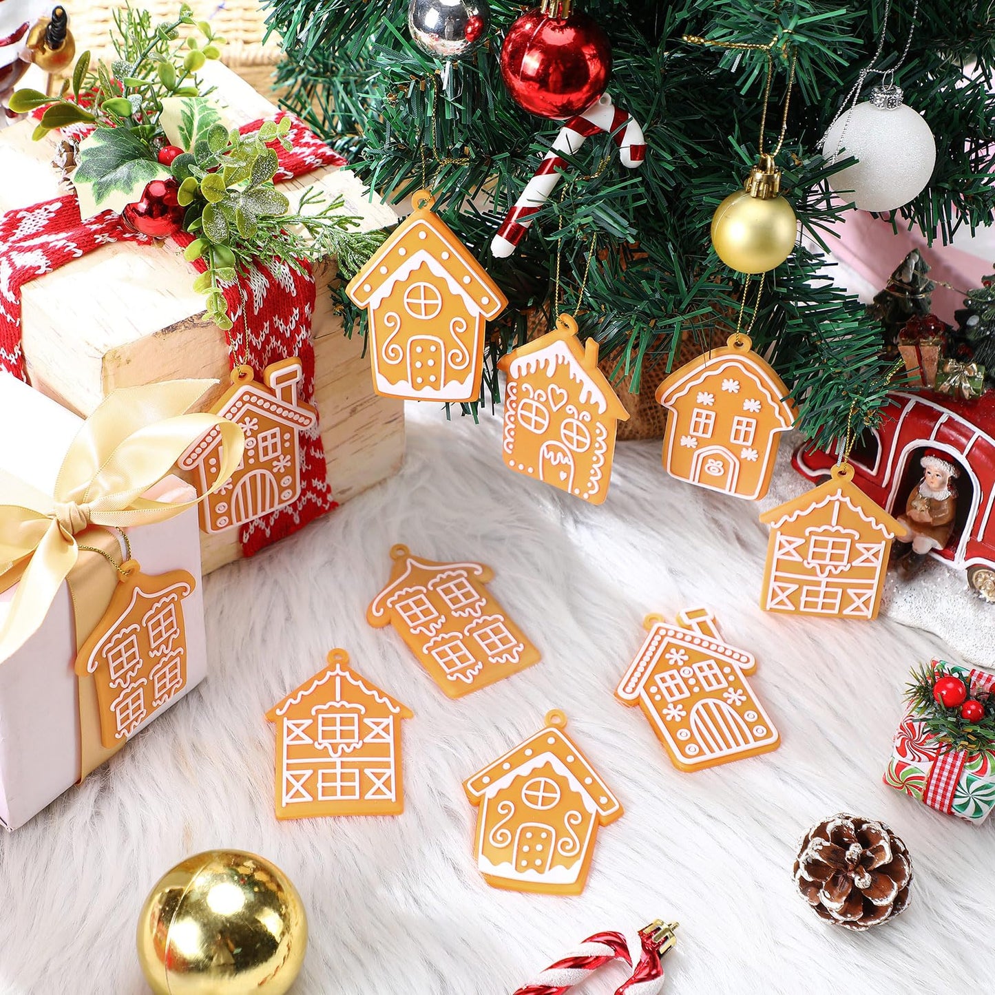 Shellwei 24 Pcs Gingerbread House Ornaments Christmas Tree Ornaments Bulk Gingerbread Christmas Tree Decorations Rustic Hanging Decor for Xmas Indoor Home