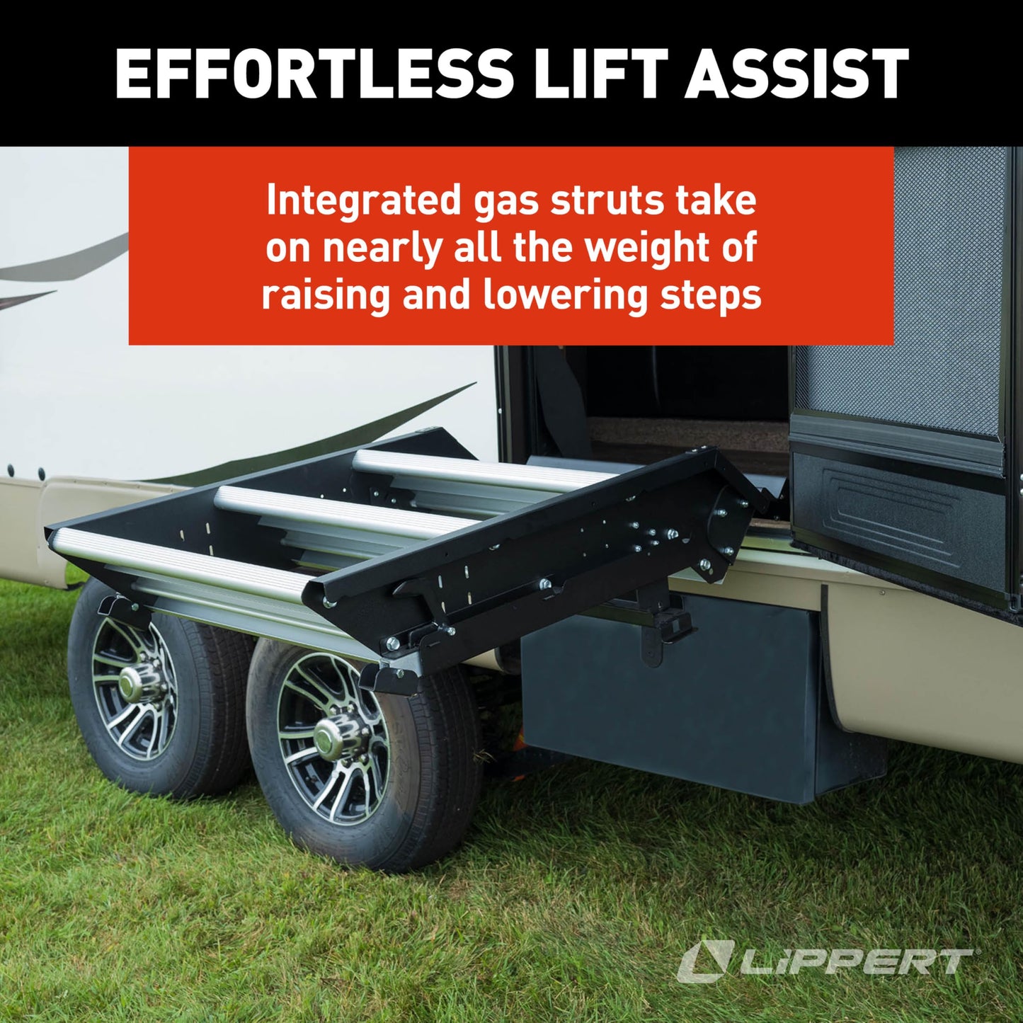 Lippert Solid Step 4.0 Premium Triple RV Camper Entry Steps with Lift Assist Gas Struts, 26" Step Width, XL Top Tread, 8" Rise, 500-lb. Weight Capacity, Adjustable Legs, Recessed Feet - 2024056998