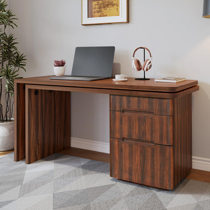RHHVVR Fluted Computer PC Desk Table with 3 Drawers, L Shaped Corner Desk with Storage, 360° Wood Rotating Home Office Desk for Bedroom, Executive, Study Work, Walnut