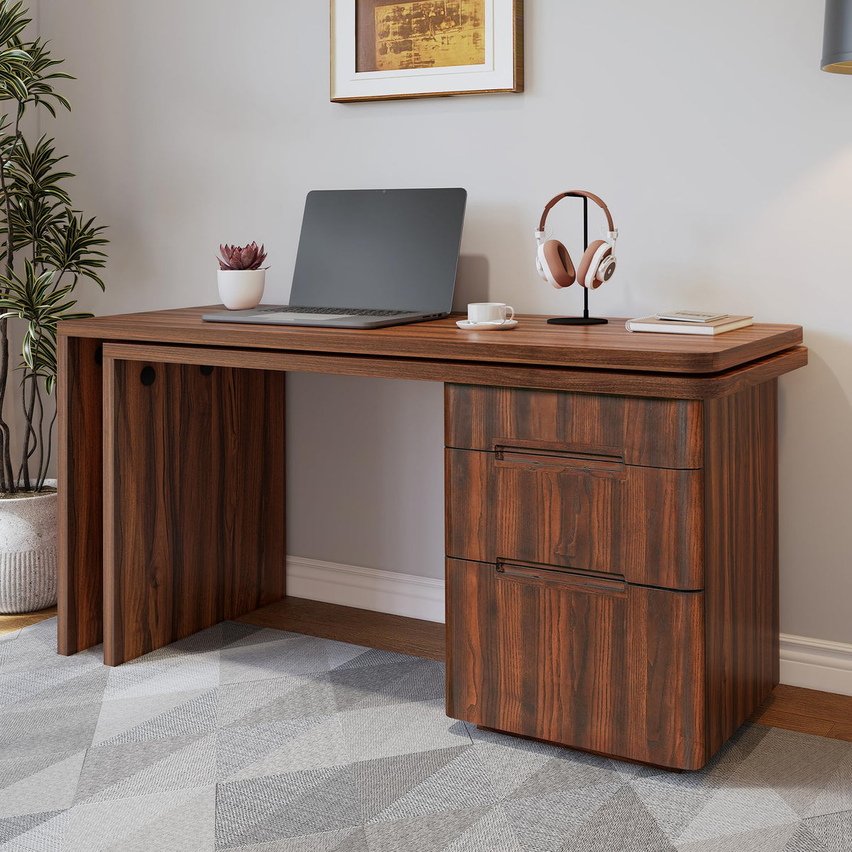 Merax 360° Rotating L-Shaped Desk with 3 Drawers | 90" Modern Corner Computer Desk for Home Office, Living Room, Executive Writing Study Work, Walnut