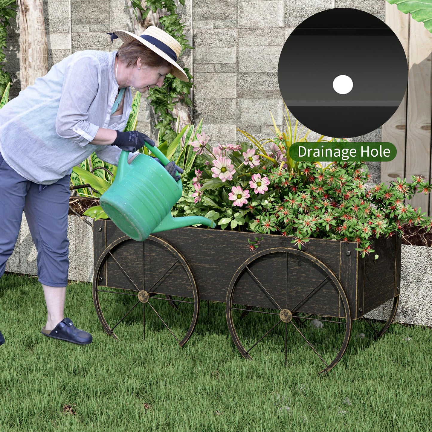Athuiline Metal Raised Garden Bed with Wagon Wheels, Small Planter Raised Beds, Outdoor Planter Box for Flowers Herbs, Vegetables, Decorative Flower Cart for Patio, Balcony (Retro Gold)