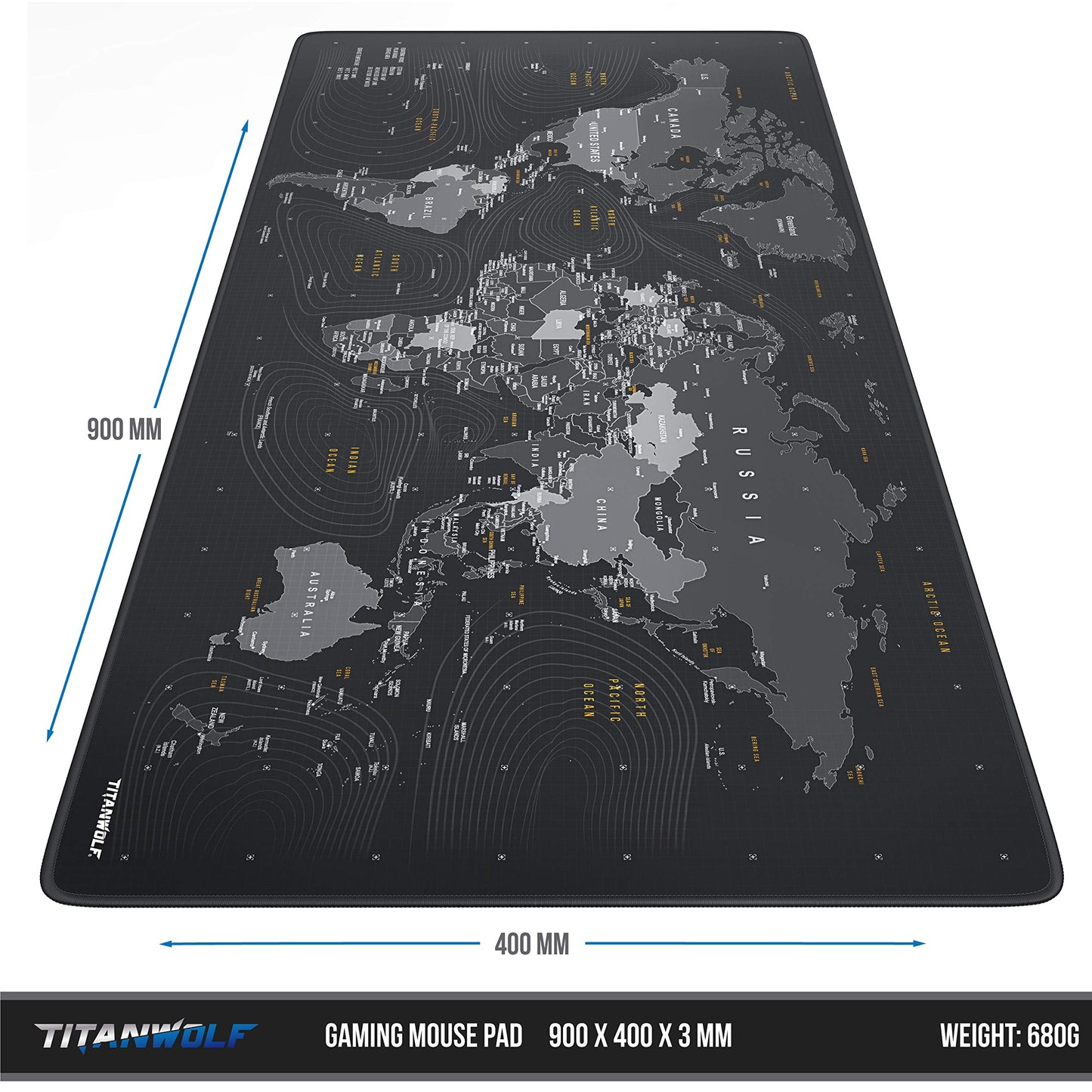 TITANWOLF World Map XXL Speed Gaming Mouse Pad Mouse Mat - 900 x 400 x 3mm - XXL mousepad - Table mat large size - improved precision and speed - Design Planisphere