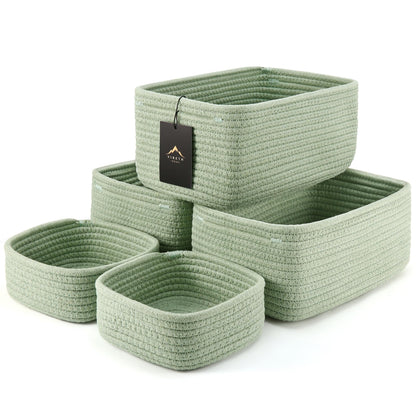 VIRETH HAUS 5-Pack Small Woven Rope Storage Baskets – 2 Sizes Organizer Bins for Closet, Shelf, Bookshelf, Nursery, Changing Table, Fabric Cube Boxes, Rectangular Shallow Bins for Bathroom, Toy & Home