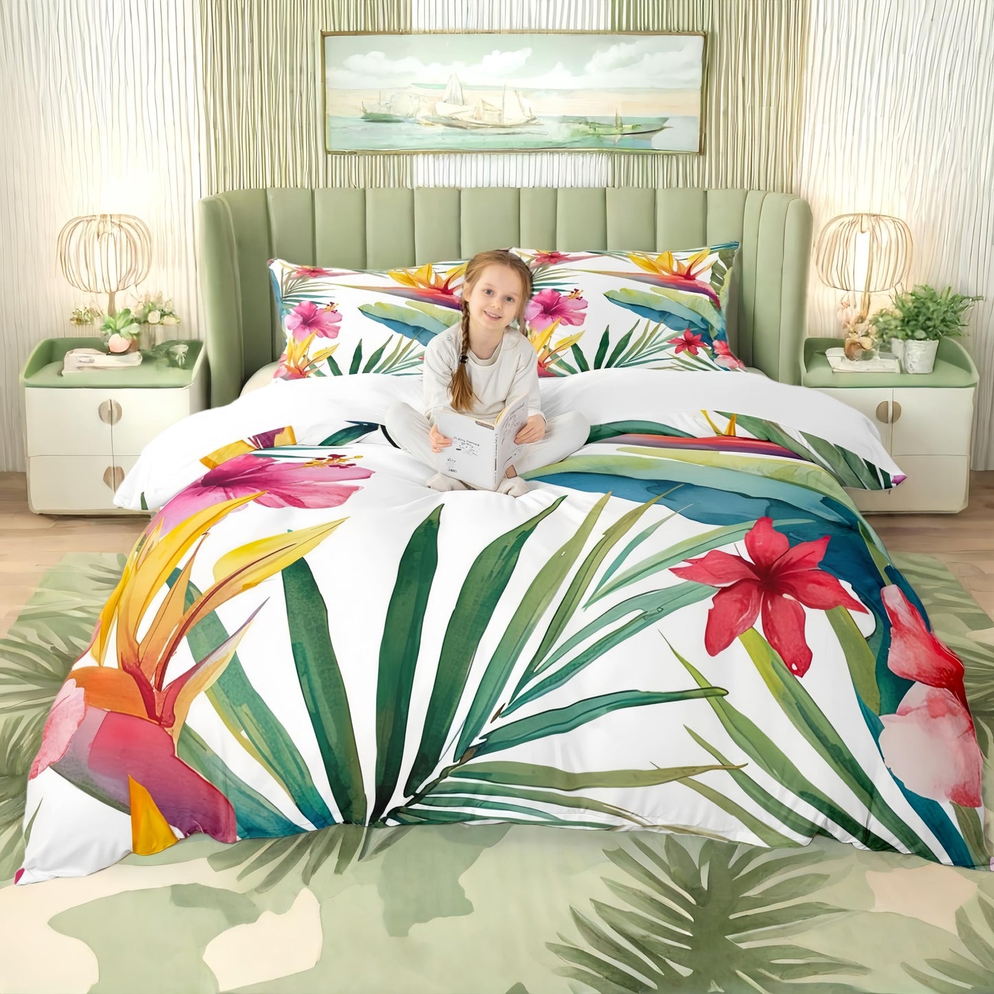 Tropical Tree Plant Duvet Cover Set Queen Size with Zipper Closure, Watercolor Red Hibiscus Flower Pattern Printed Comforter Cover,Palm Leaves Bedding Sets with 2 Pillow Cases,Soft,Green Pink