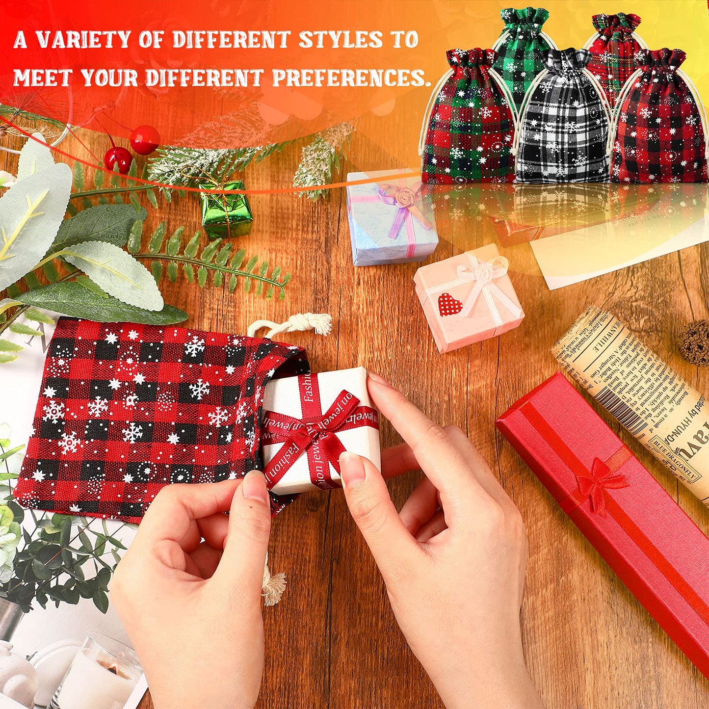 Shappy 25 Pieces Christmas Drawstring Bags 4 x 6 Inch Small Xmas Buffalo Plaid Bags with Snowflake Pattern Linen Cloth Gift Treat Bag for Christmas Holiday Party Favor