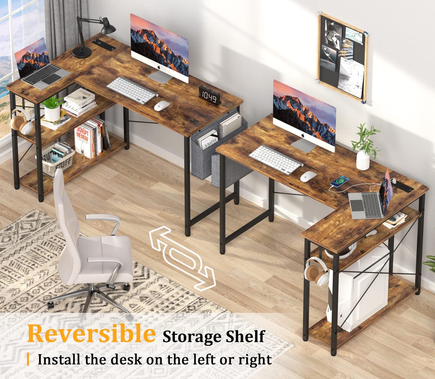 Mr IRONSTONE L Shaped Desk with Outlets & USB Ports, Reversible 47 Inch Office Desk, Corner Desk for Small Space, Home Office Desk with Storage Bag & Hook, Rustic Brown