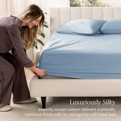 Bare Home 100% Organic Cotton Sateen Fitted Sheet - 400 Thread Count - Smooth Sateen Weave - Breathable & Cooling - Hotel Luxury - Durable Fitted Sheet - Deep Pocket (King, Dusty Blue)