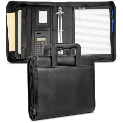 Samsill Professional Padfolio/Portfolio with Zippered Closure Case, 2 Inch Removable Round Ring Binder, Retractable Handles, Interior 10.1” Tablet Sleeve, Black