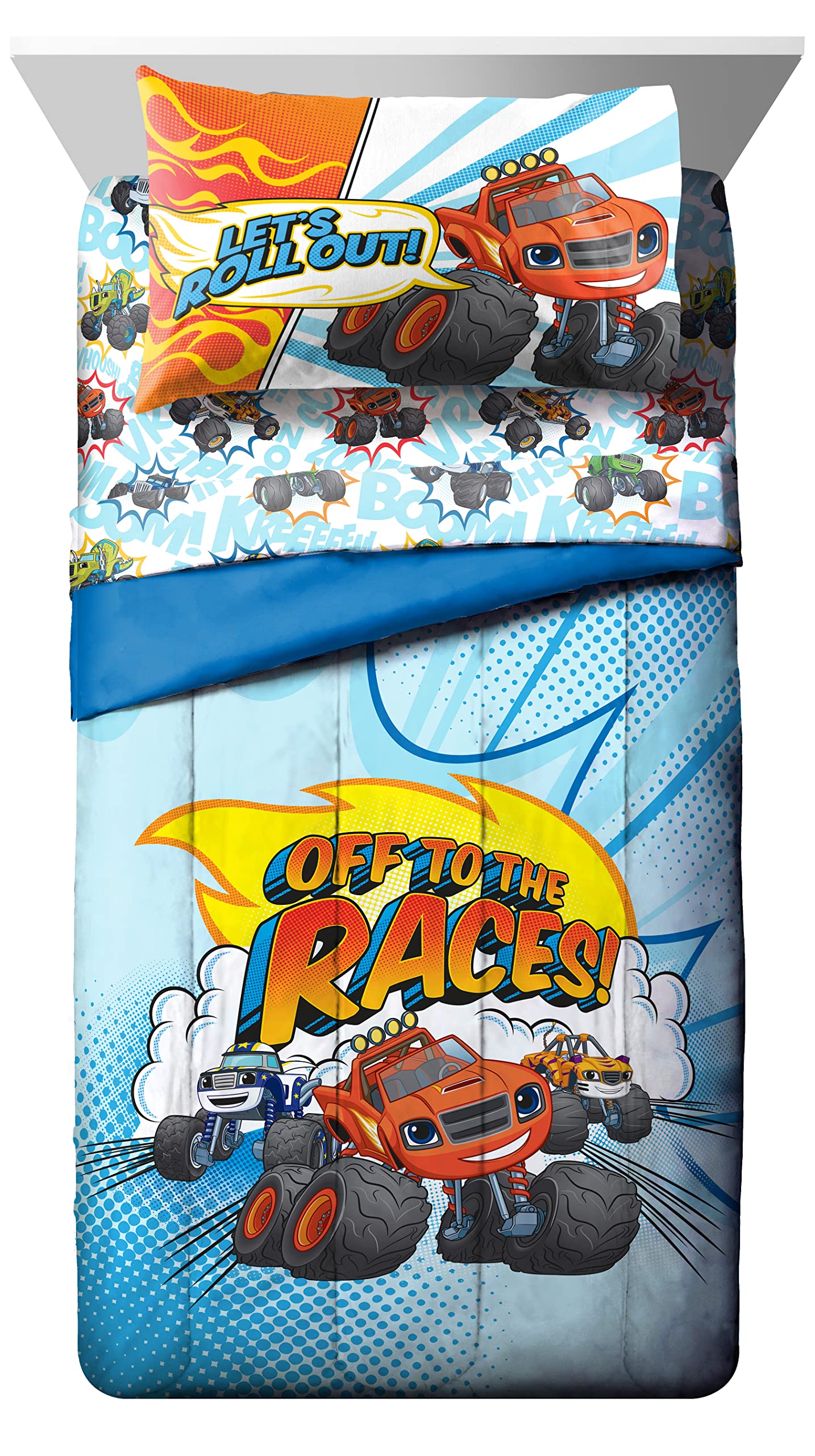 Jay Franco Blaze and the Monster Machines Off to The Races 4 Piece Toddler Size Bed Set – Super Soft Microfiber Bed Set Includes Size Comforter & Sheet Set (Official Blaze Product)