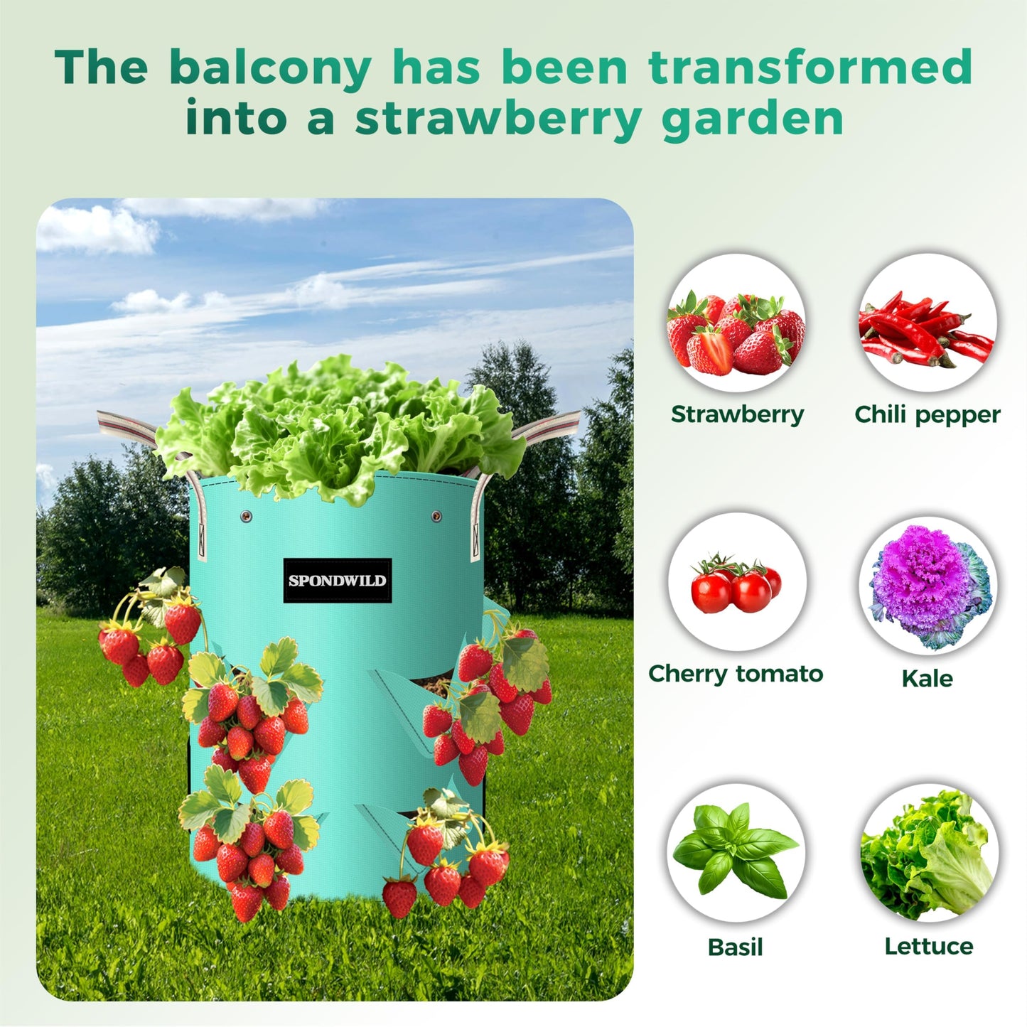 SPONDWILD 3 Pack 10 Gallon Strawberry Grow Bags, Heavy Duty PE Plant Pots with Breathable Windows and Drainage Holes, Ideal for Strawberries, Veggies, Flowers and Balcony