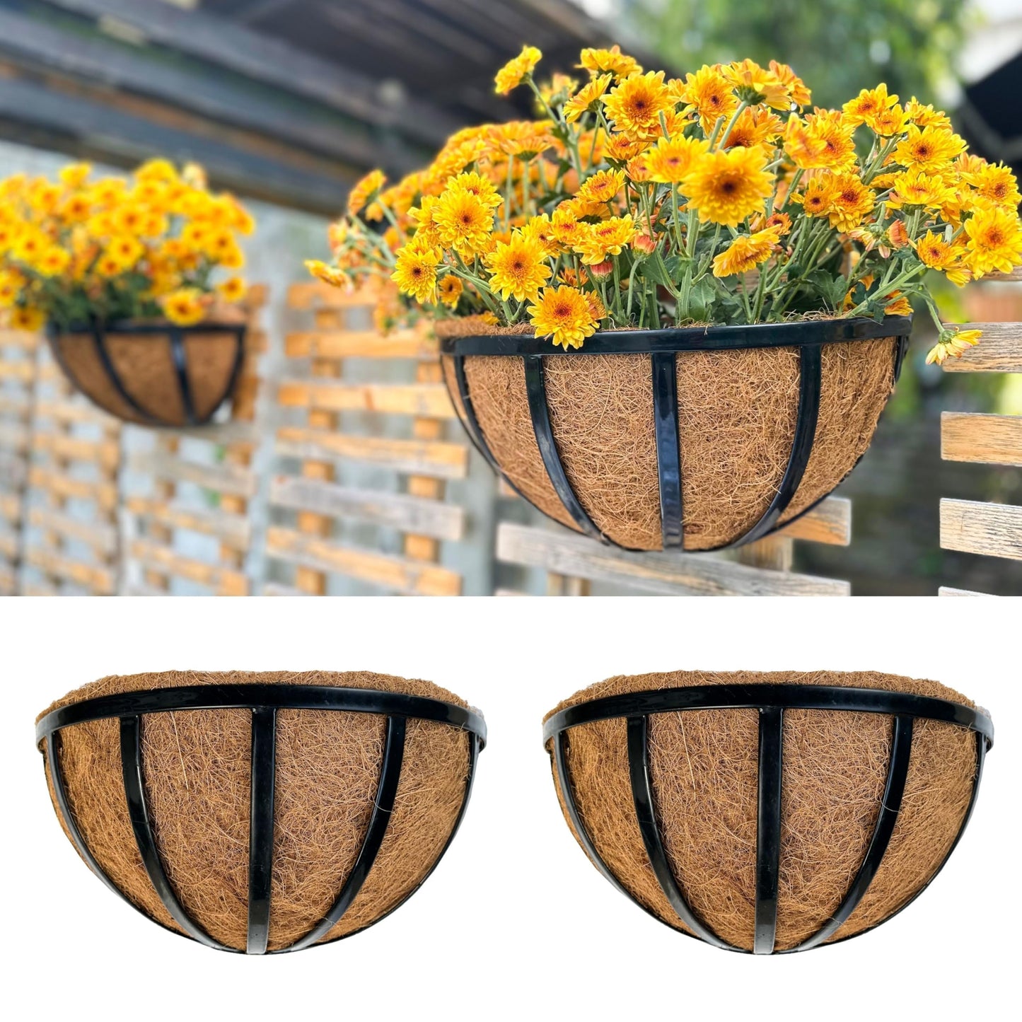 LalaGreen Wall Planters (2 Pack, 14 Inch) Black Metal Deck Railing Planter Boxes with Coco Liners, Window Basket Hanging Flower Pot for Outdoor Plants, Modern Horse Trough Fence, Balcony, Patio Porch