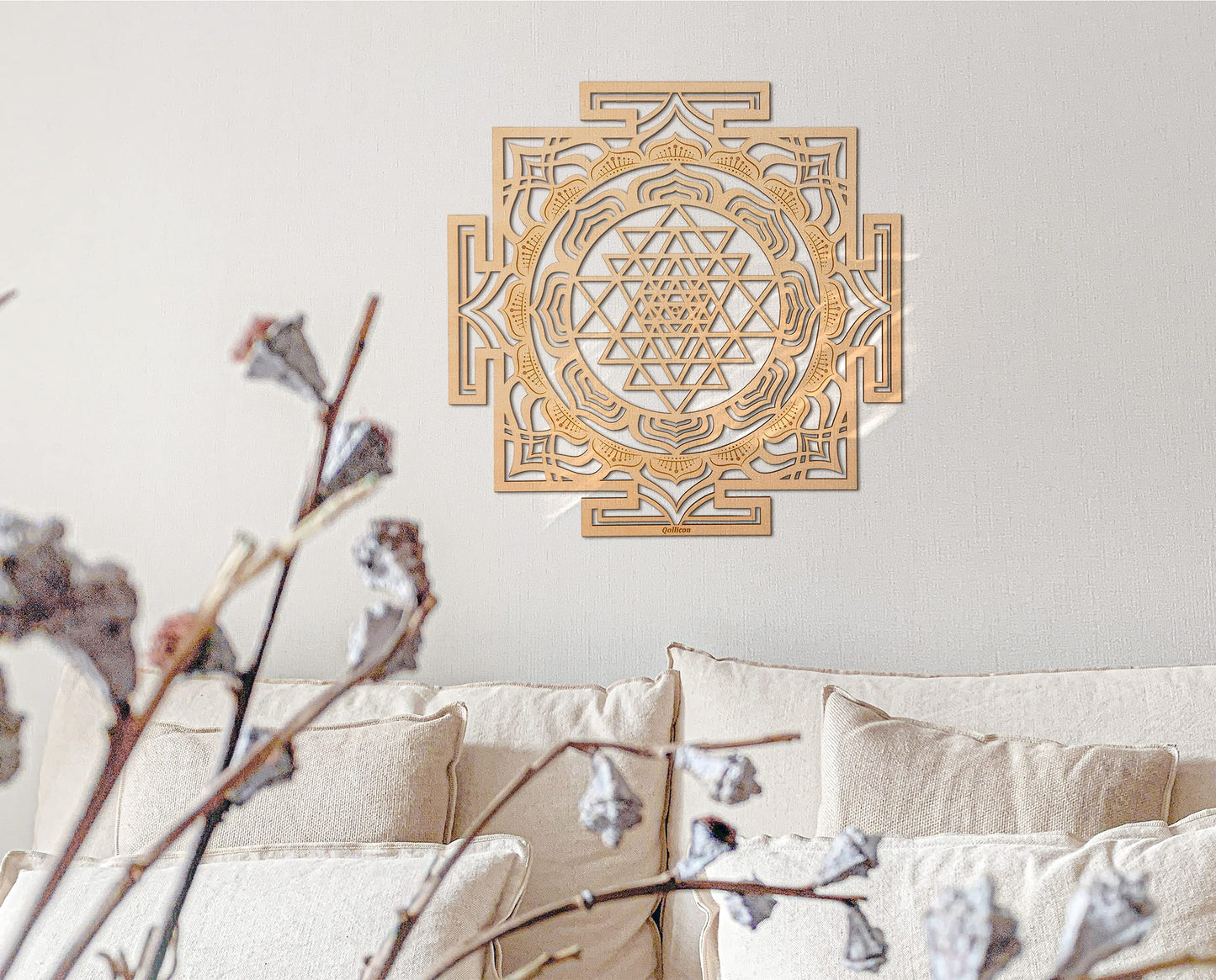 Qallicon 11.5'' Sri Yantra Wall Decor, Mandala Sacred Geometry Wall Art, Crystal Grid Chakra Wooden Yoga Art, Meditation Altar Zen Decor Spiritual Gifts