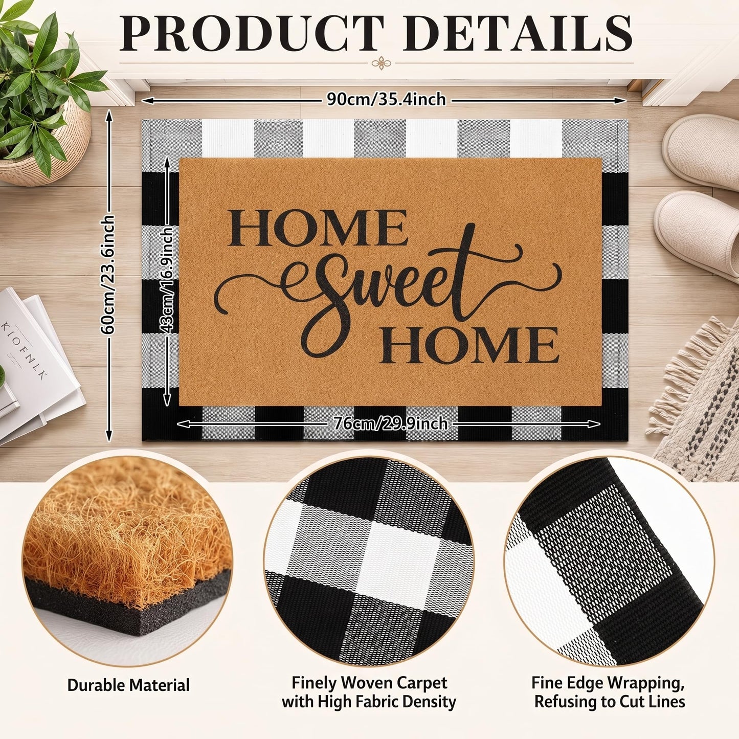 Britimes 3 Pcs Farmhouse Front Door Mat and Wreath Set Home Sweet Home Faux Coir Doormat Buffalo Plaid Layering Rug and 19" Greenery Wreath Outside Decor for Porch