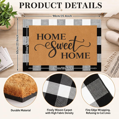 Britimes 3 Pcs Farmhouse Front Door Mat and Wreath Set Home Sweet Home Faux Coir Doormat Buffalo Plaid Layering Rug and 19" Greenery Wreath Outside Decor for Porch