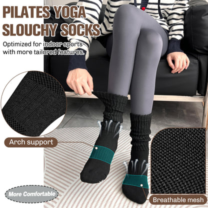Sandsuced Pilates Grip Slouchy Yoga Socks Winter Warm Cozy Scrunch Boot Grippy Crew Slipper Socks 4 Pairs for Women Gift Stocking Stuffers(Black,M)
