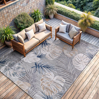 CAMILSON Indoor Outdoor Rug, Blue 7’10”x10’ Leaf Tropical Botanical Area Rugs for Indoor and Outdoor patios, Easy-Cleaning Non-Shedding Living Room, Garden and Kitchen Washable Outside Carpet (8x10)