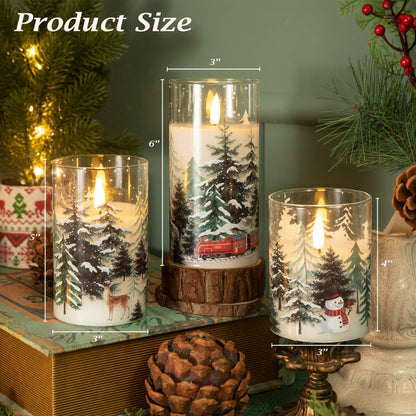 LUSHARBOR LUSHABOR Christmas Flameless Candles, 3 Pack Battery Operated Candles for Christmas Mantel Decor, Glass LED Flickering Candles Home Xmas Party Holiday D3 H4 5" 6", Trees