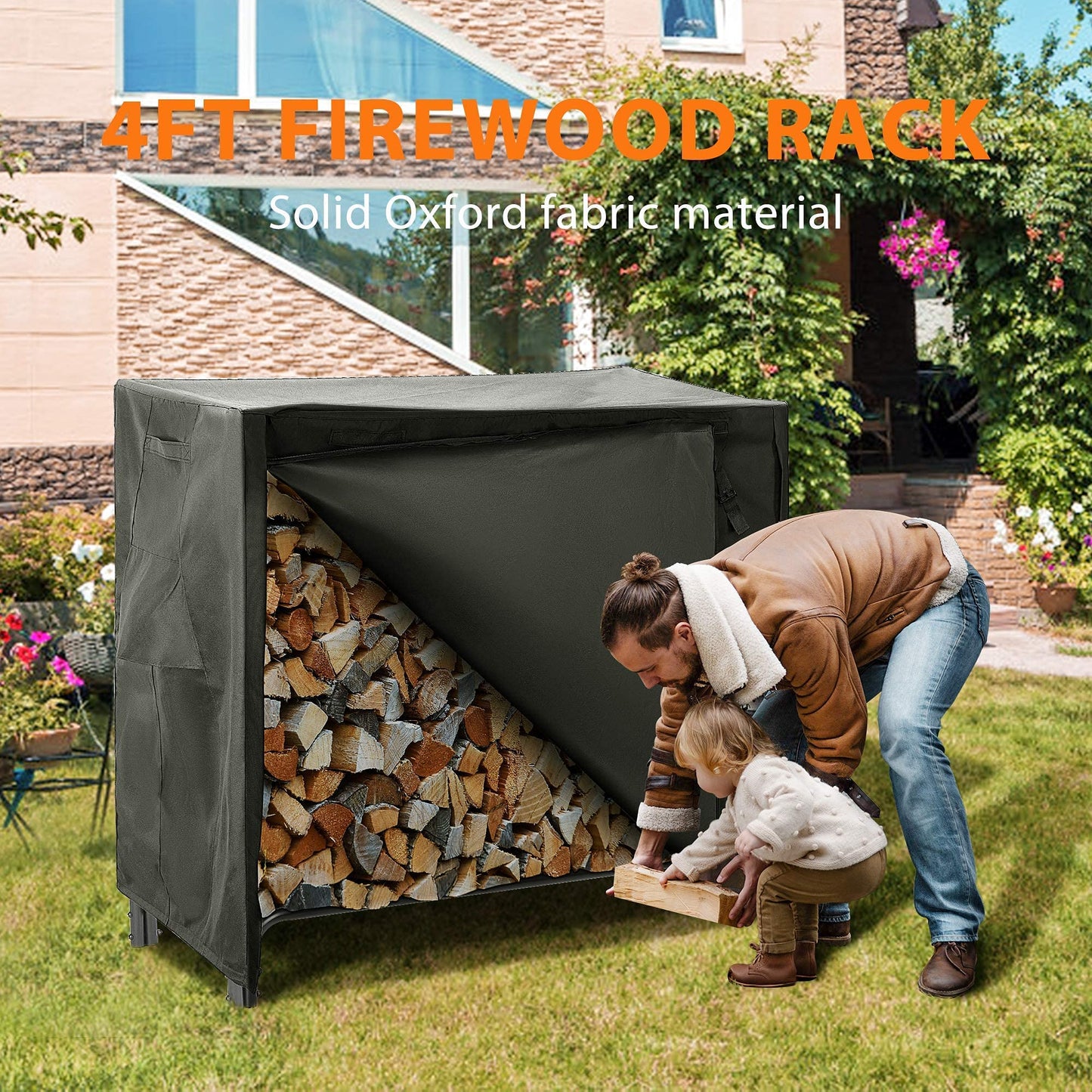 VIVOHOME 8ft & 4ft Heavy Duty Indoor Outdoor Firewood Storage Log Rack with Cover Combo Sets Black
