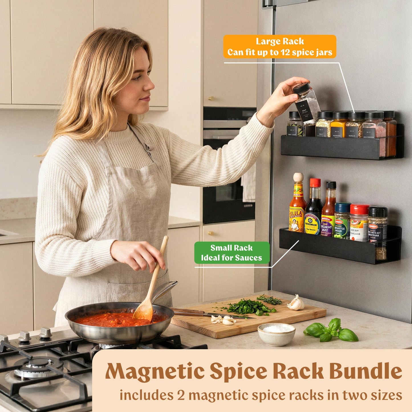 EDELHAUS Square Glass Spice Jars (24 x 4oz) with Black Lids + Magnetic Spice Rack for Refrigerator (Fits 12 Jars) + Bonus Slim Auxiliary Rack, 240 Labels, Shaker Inserts, Funnel
