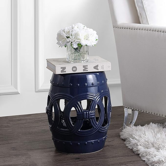 JONATHAN Y TBL1022B Lucky Coins 16" Chinese Ceramic Drum Indoor/Outdoor Garden Stool Bohemian, Coastal, Classic, Cottage, French Country, Traditional, Side Table, Plant Stand, Spill-Proof, Navy