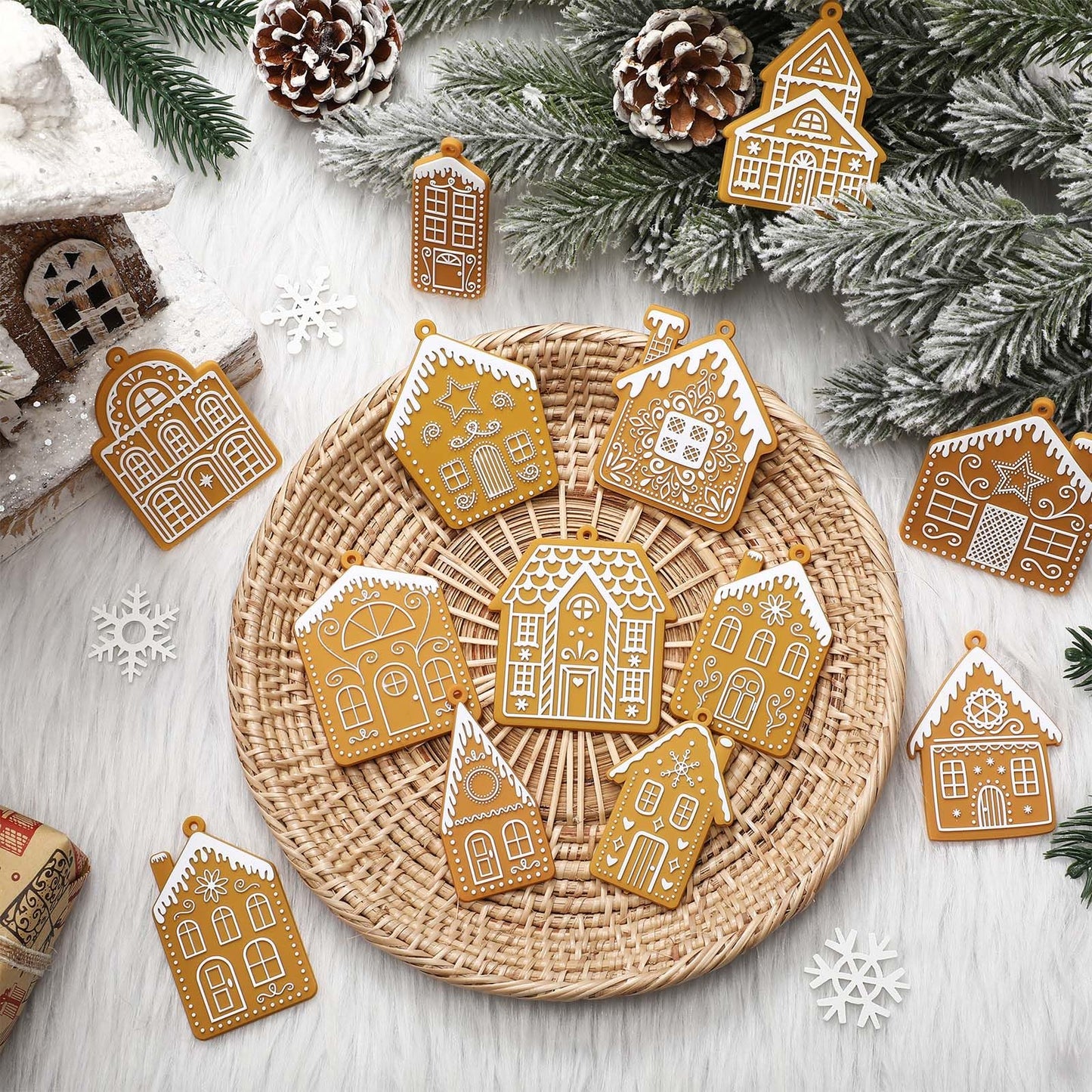 Yookeer 36 Pcs Christmas Tree Ornaments Home Design Gingerbread House Christmas Ornaments Gingerbread Theme Xmas Hanging Decorations Large House Shaped Tree Cookie Decorations (Classic Style)