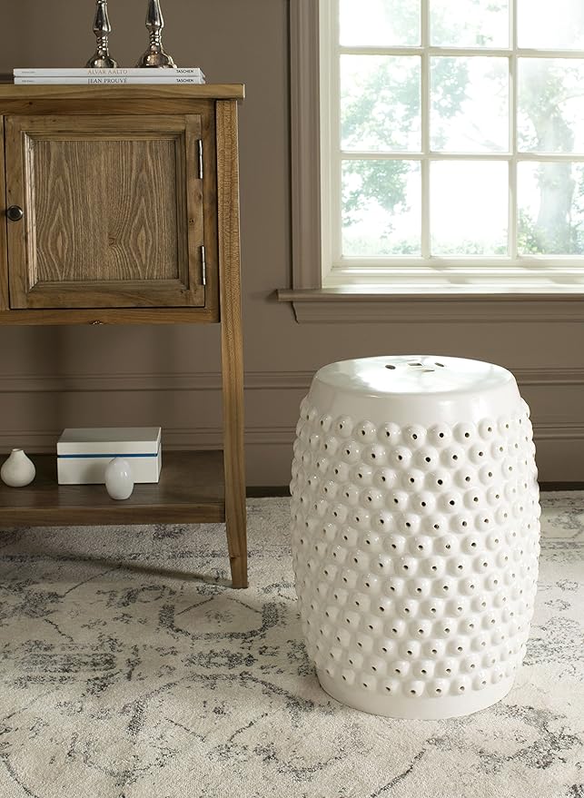 Safavieh Castle Gardens Collection Stella Nail Head White Glazed Ceramic Garden Stool