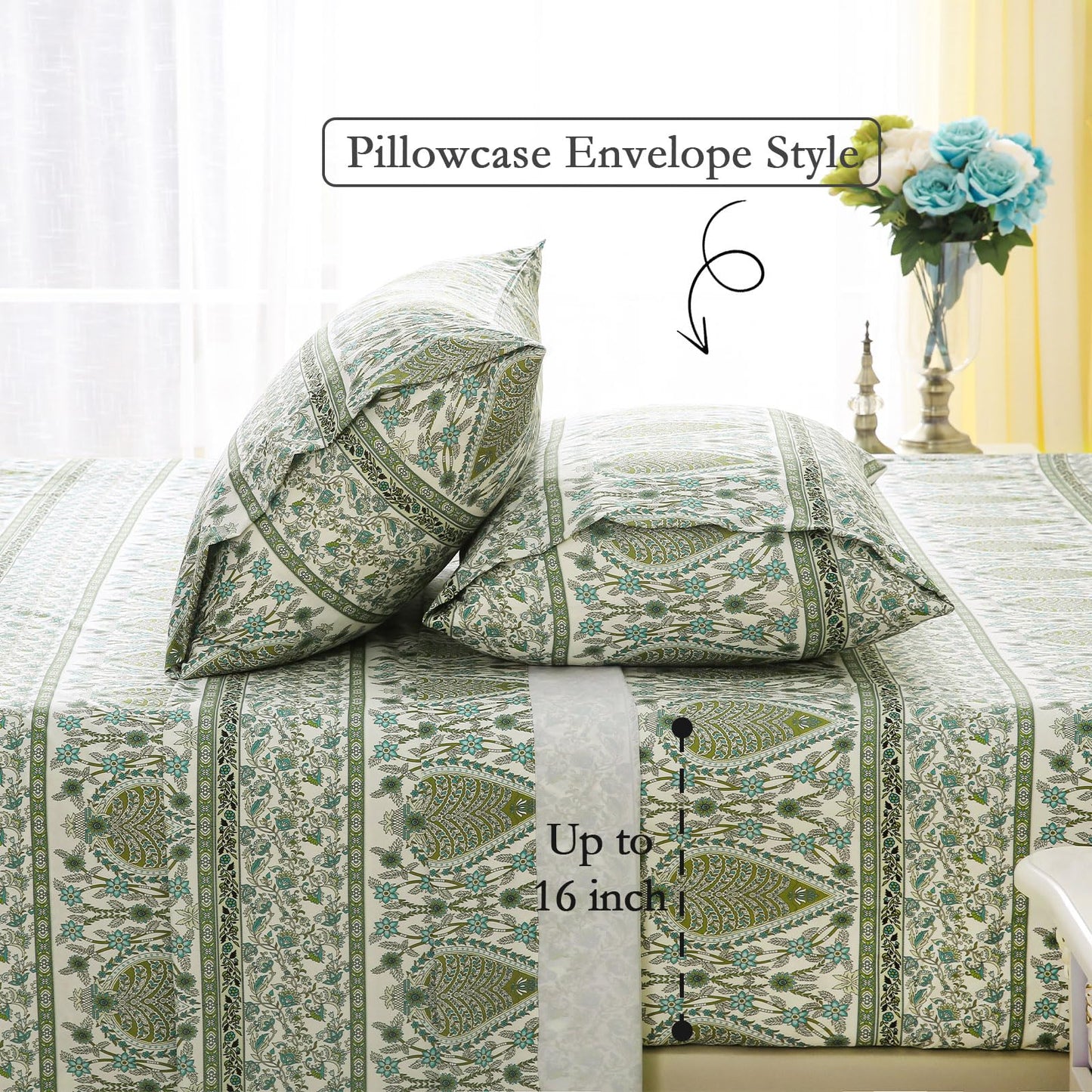 ChicView Queen Size Paisley Printed Sheet Set,4 Pieces Boho Style Breathable Soft Microfiber Bedsheets, Anti Pilling Deep Pockets Easy Care Bed Sheets, Green